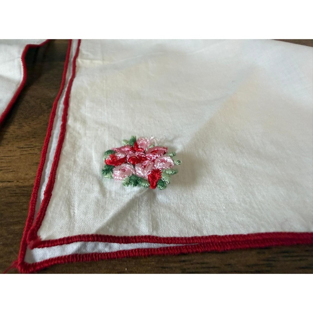 Vintage Embroidered Linen Cocktail Napkins Pink Floral Red Trim Set of 2